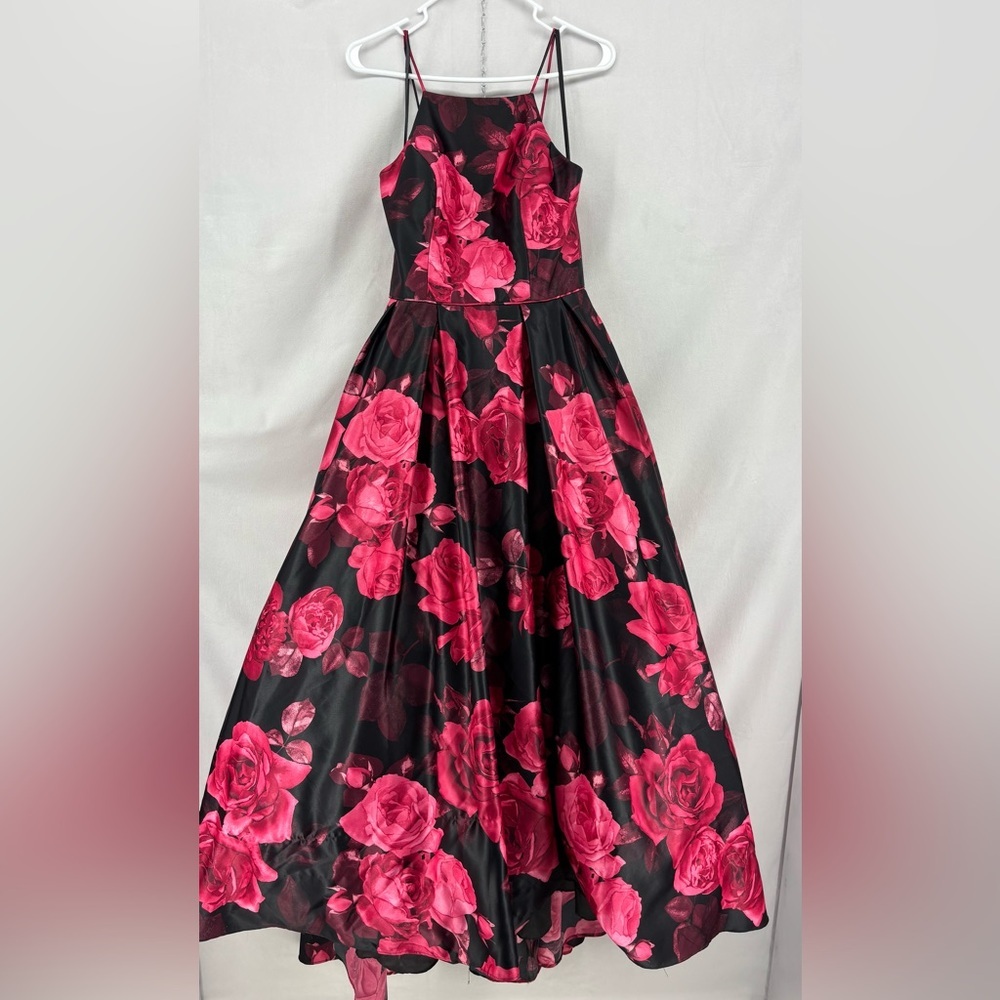 Black & Hot Pink Rose Print Prom Dress with Spaghetti Straps